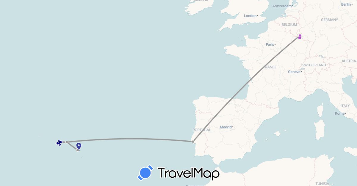TravelMap itinerary: driving, plane, train, boat in France, Luxembourg, Portugal (Europe)